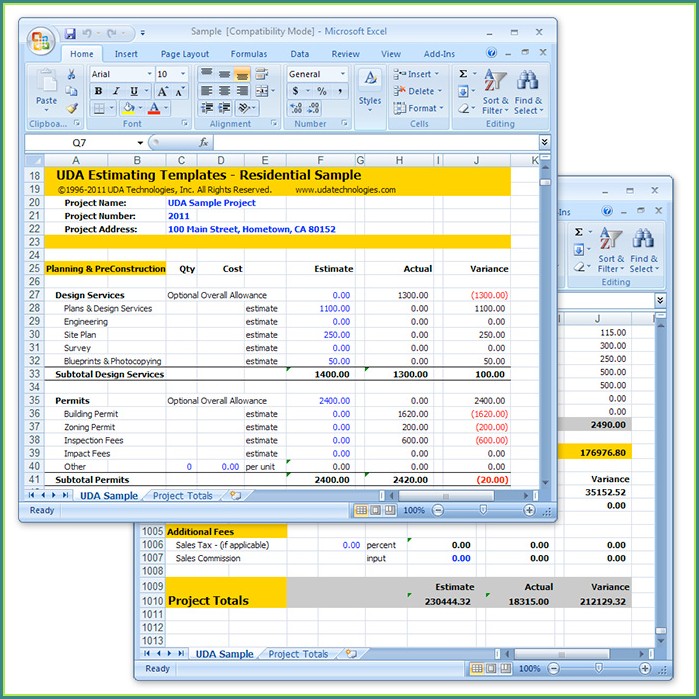 Template Residential Construction Estimating Spreadsheets  