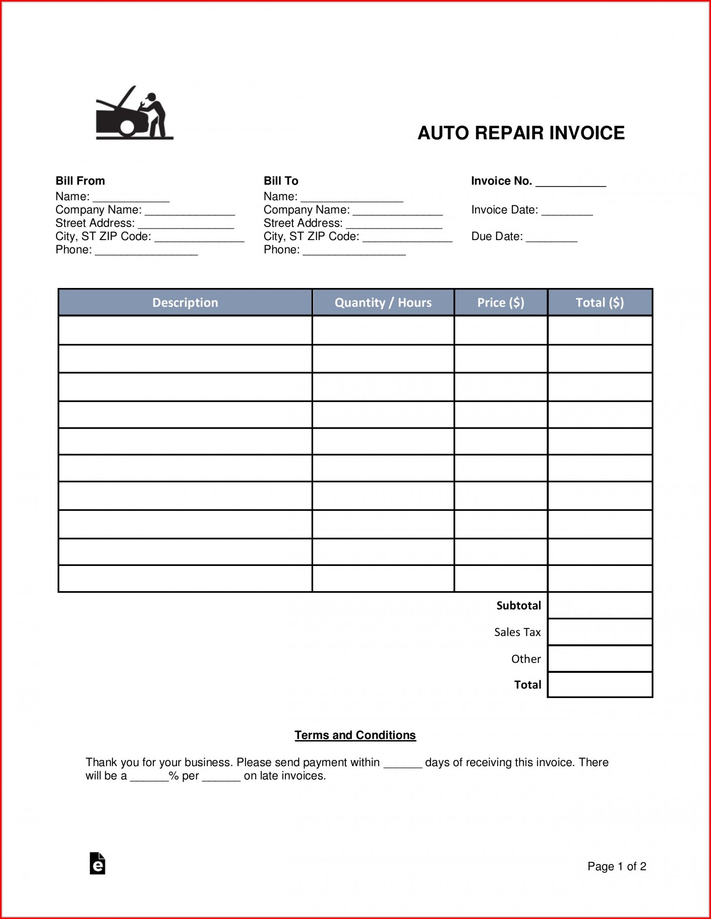 Pdf Free Printable Auto Repair Invoice Template Templates-2 : Resume ...