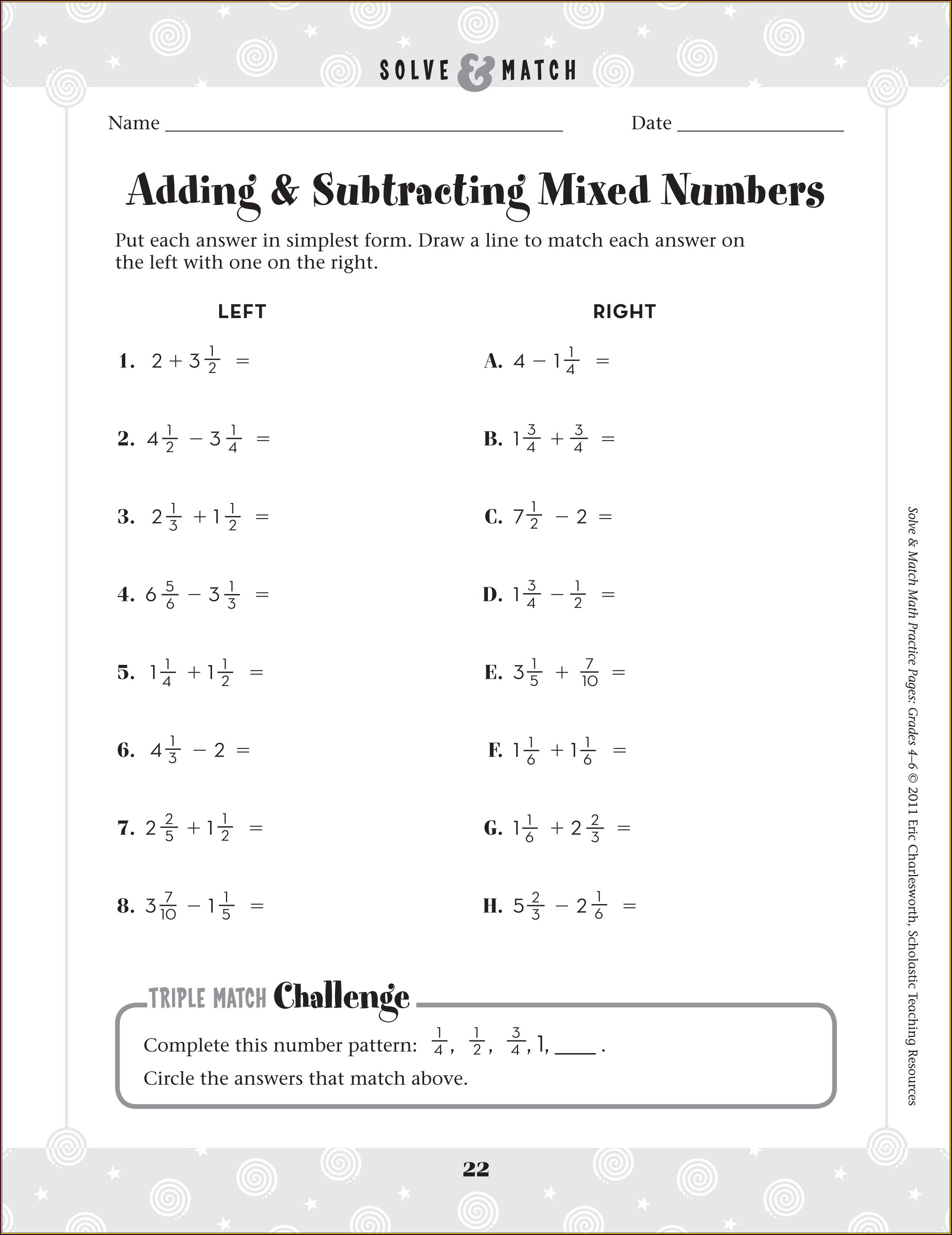 Subtracting Mixed Numbers With Renaming Worksheet - Printable Word Searches