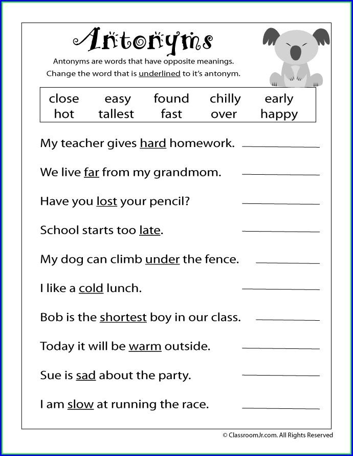 Second Grade Synonyms And Antonyms Worksheet Grade 2 Worksheet : Resume ...