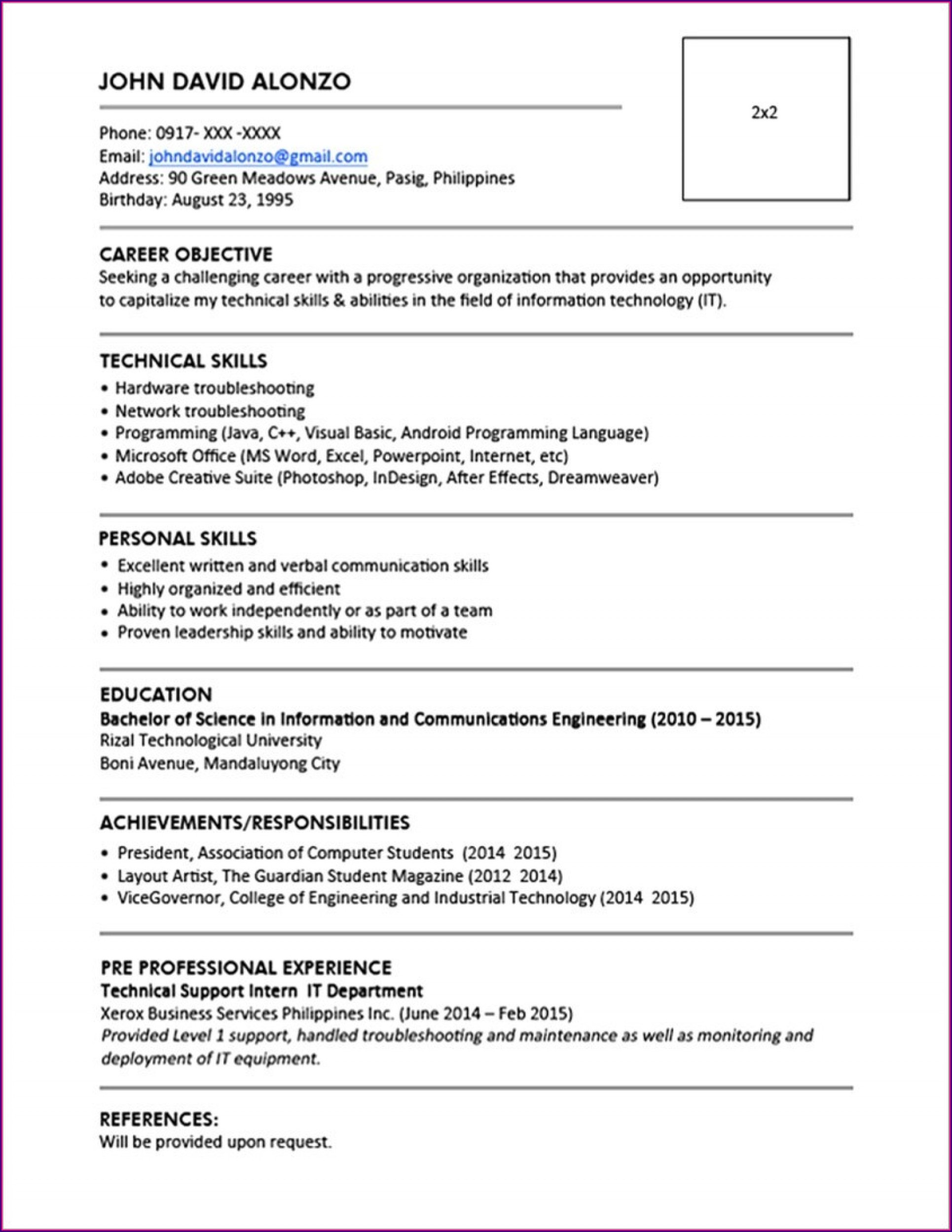 Job Application Simple Resume Format For Freshers Resume : Resume Examples