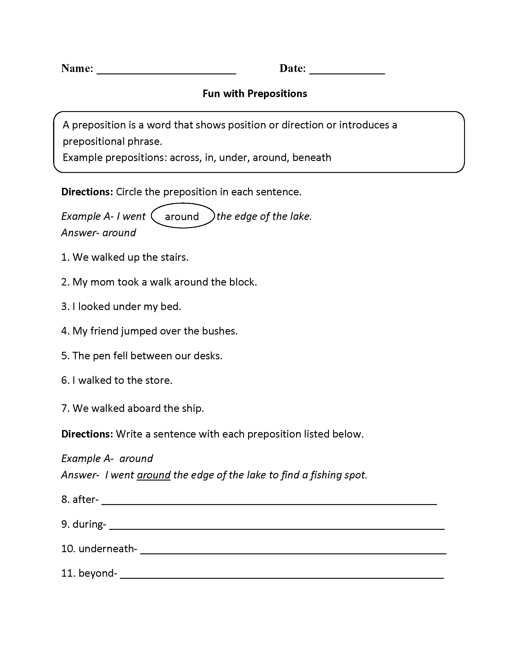 5th Grade Preposition Worksheets For Grade 5 With Answers Worksheet ...