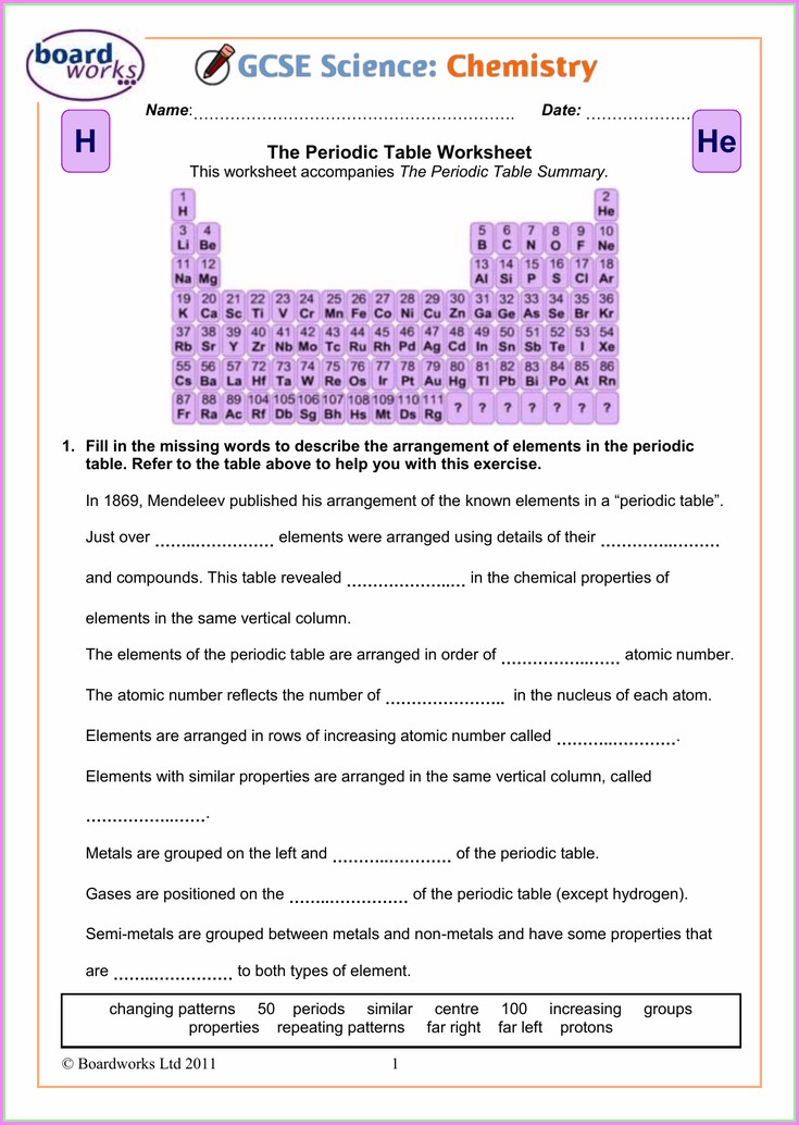 Periodic Table Worksheet Chemistry If8766