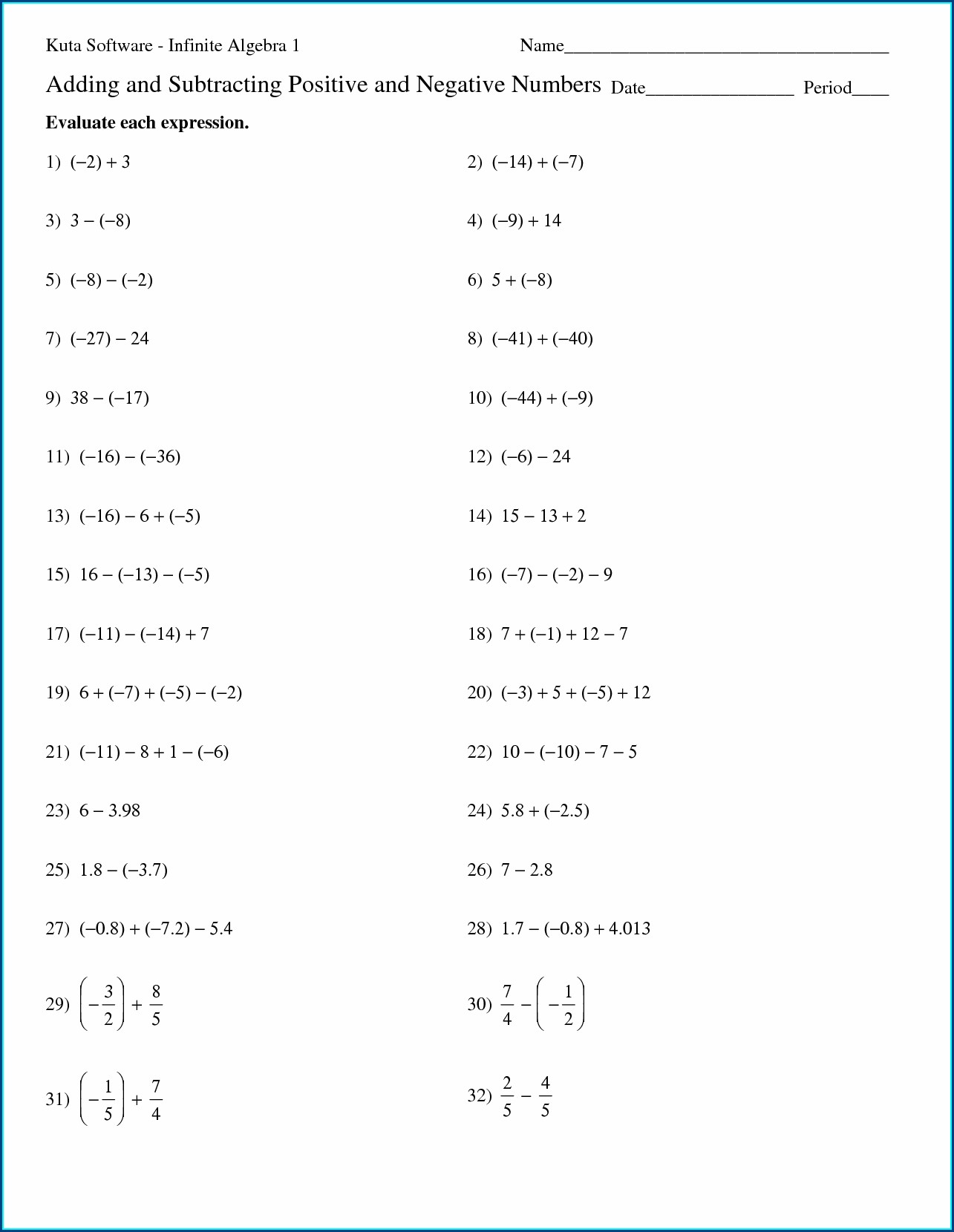 Adding And Subtracting Positive And Negative Numbers Workshe Adding And Subtracting Positive And Negative Numbers Workshe